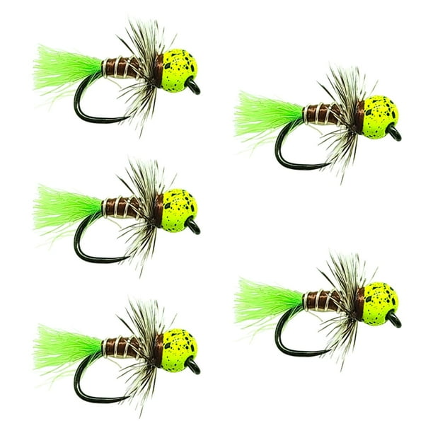 5 piezas de cabeza plomada de tungsteno para pesca con mosca, señuelo submarino realista con plumas Amarillo