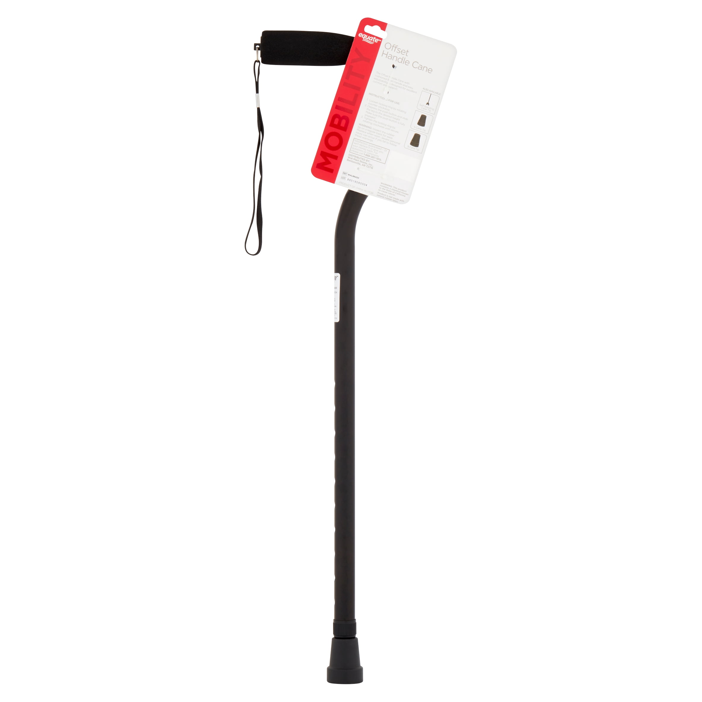 Equate Aluminum Mobility Offset Handle Cane with Foam Handles, Adjustable Height, Black