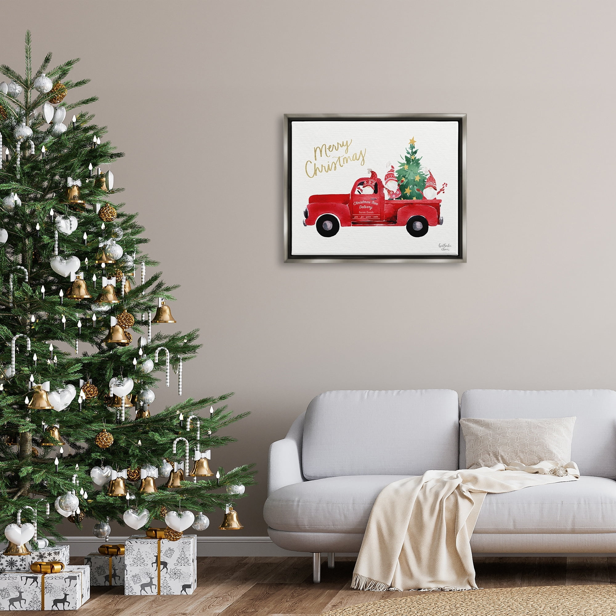 Stupell Industries Merry Christmas Holiday Red Truck Santa Gnomes & Tree Graphic Art Luster Gray Floating Framed Canvas Print Wall Art, Design by Heatherlee Chan