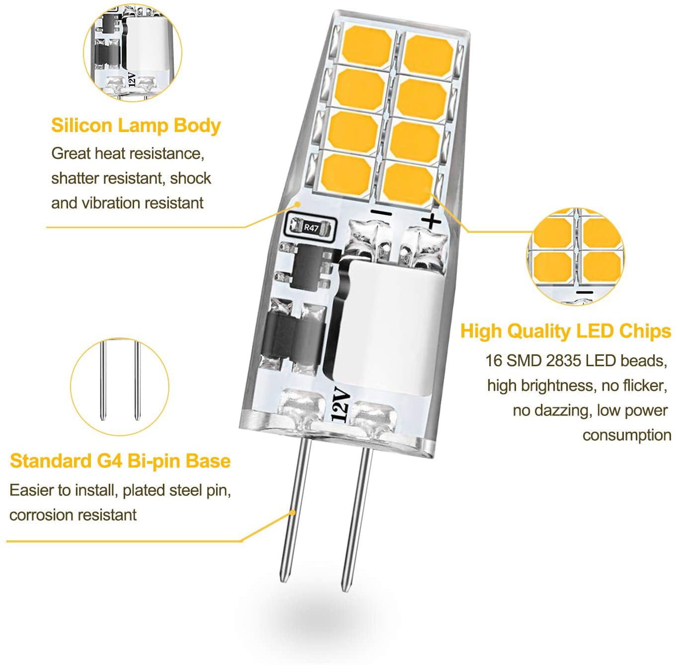 Dimmable G4 LED Bulb 2W Equivalent 20W AC/DC 12V Bi-Pin Base Halogen Lamp FJ 