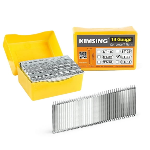 KIMSING ST38 14 Gauge 1-1/2'' Length Concrete Nails Concrete T-Nails 800 PCS/BOX for Concrete Nailers Smooth Shank