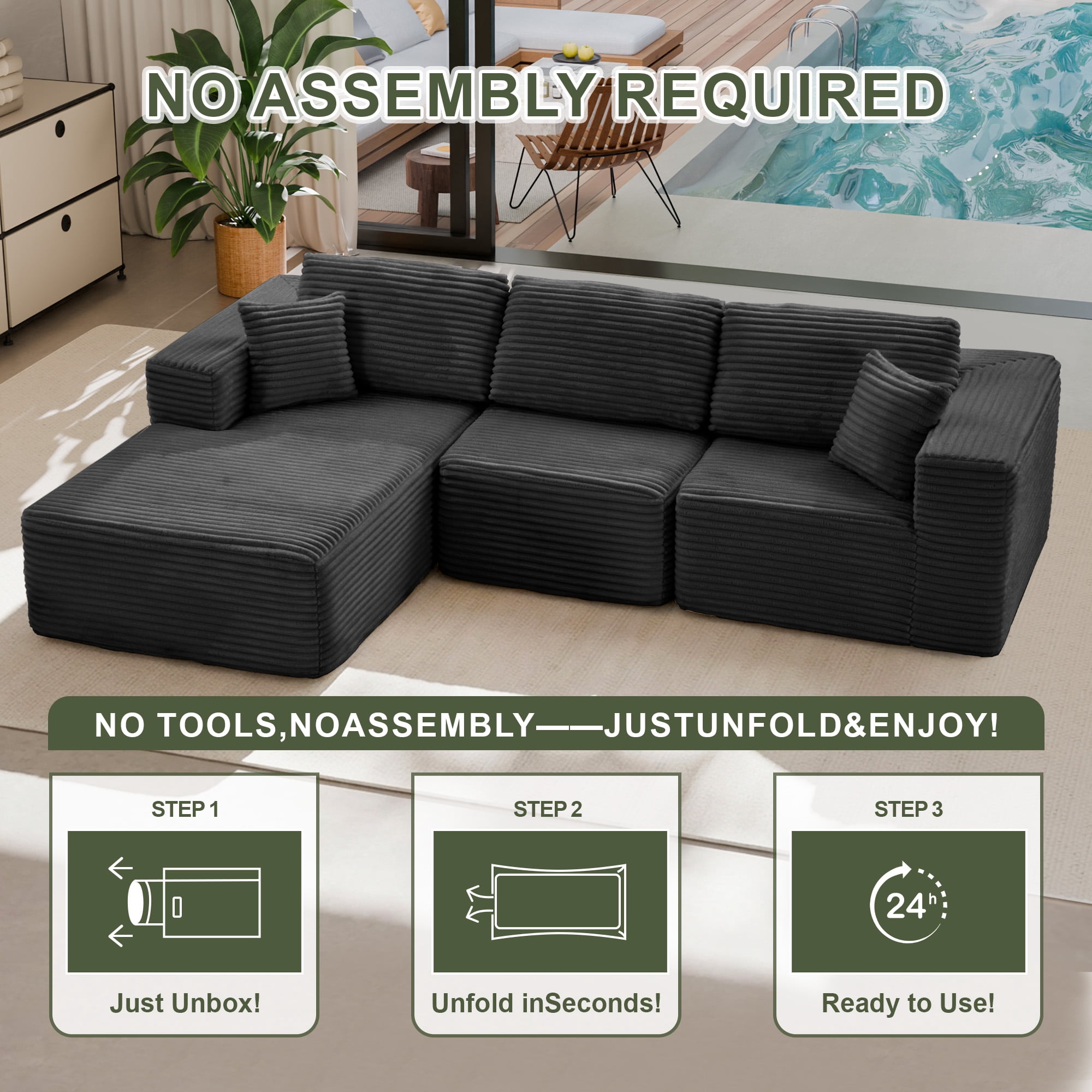 MAYEERTY Modern Corduroy Modular Sectional Sofa - Boneless Couch for Apartments & Studios, 104"W x 67"D Gray