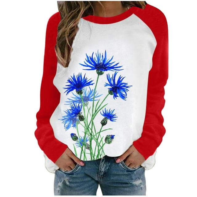 Haut Polyester à Manches Longues Imprimé Floral Col Rond Léger Mode Multicolore pour Femmes (Rouge, L)