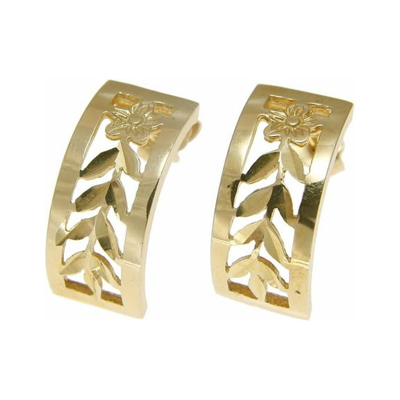 14k solid yellow gold Hawaiian 7.5mm cut out plumeria flower maile hoop earrings