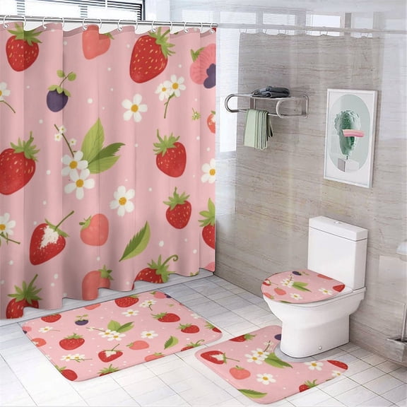 Strawberry Floral Pattern Shower Curtain Bathroom Sets Toilet Lid Rug, Bath Mat And Contour Mat, Shower Curtain 4Pcs