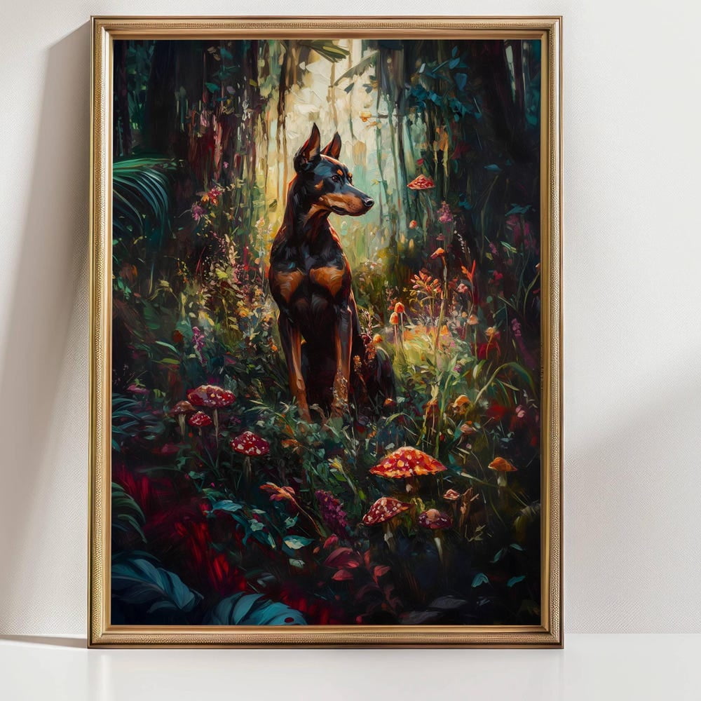 Doberman In Enchanted Forest Art Print Mystical Dog Wall Decor Dark Fantasy Animal Painting Magical Woodland Scene Art