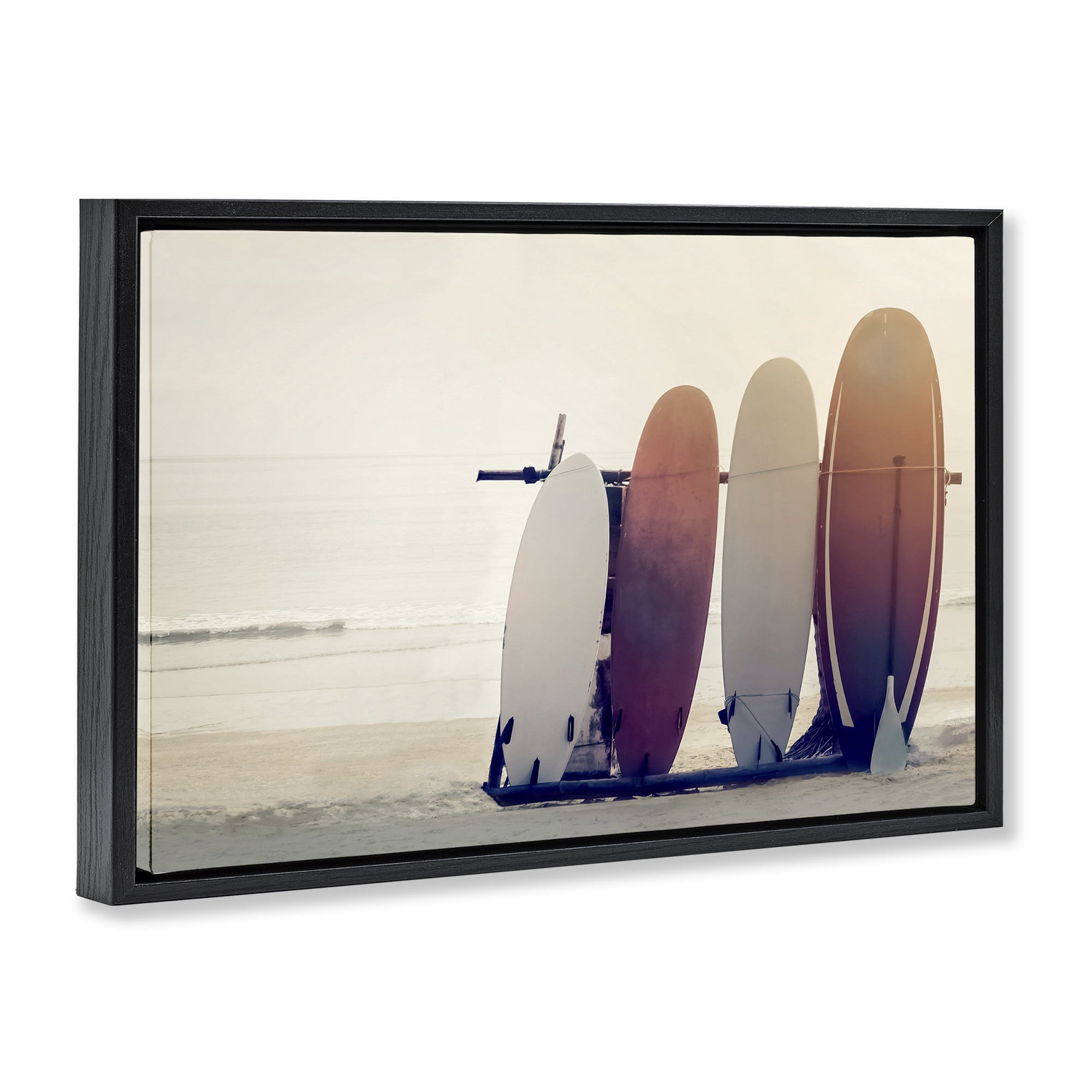 Stupell Industries Beach Surfboards Leaning Landscape Photography Black Floater Framed Canvas Art Print Wall Art, 31 x 21