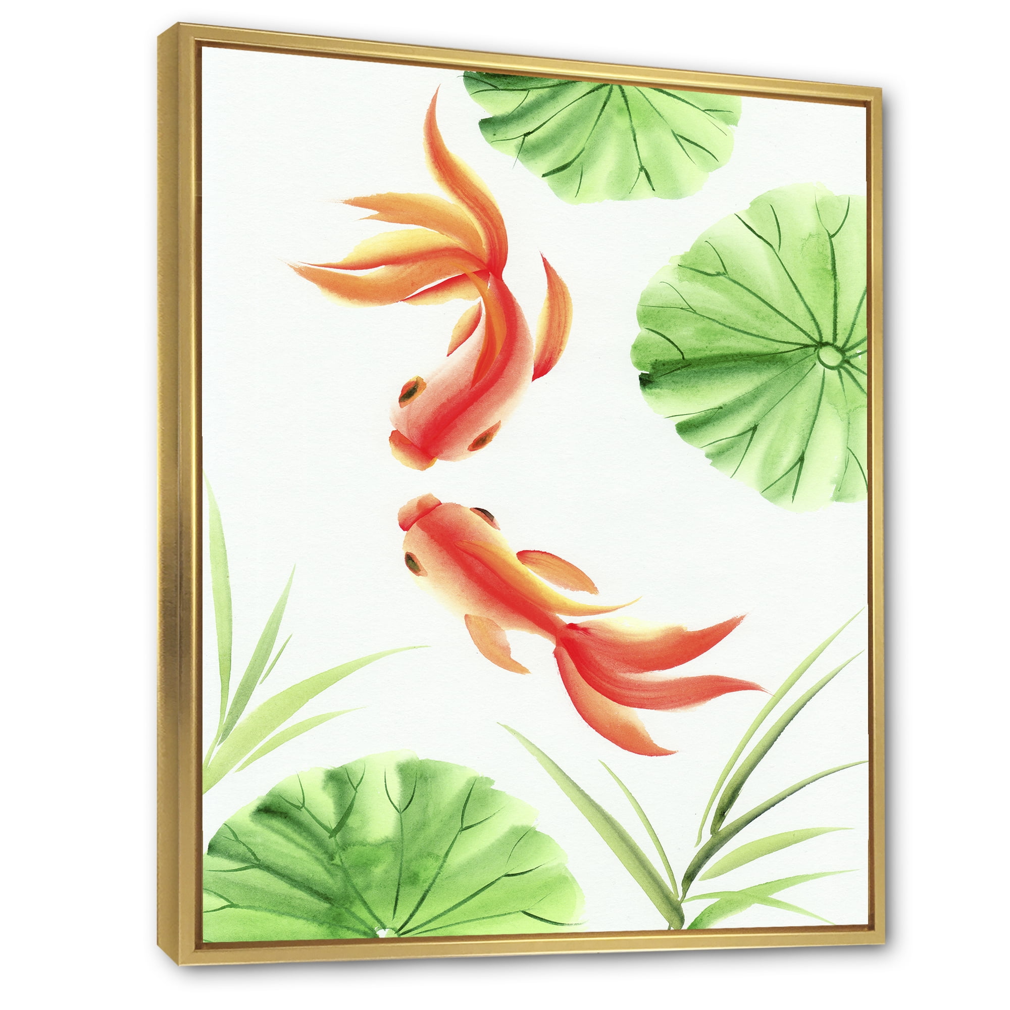 The Lotus Leaves With Goldfishes 12 in x 20 in Framed Painting Canvas Art Print, by Designart