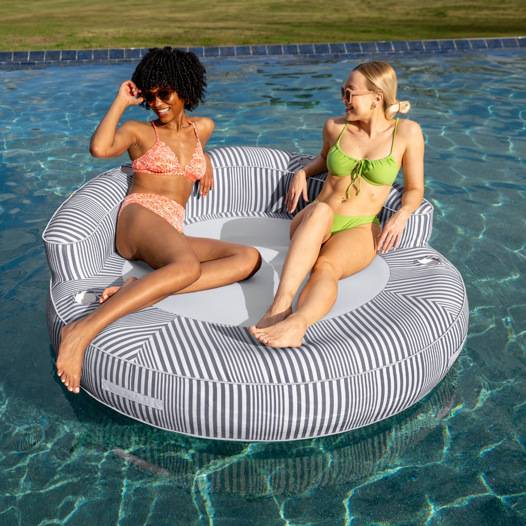 Big Joe Dryside Island Inflatable Pool Float for Adults, Fade Resistant Olefin Fabric Inflatable Raft, Shoreline Gray, 6 feet Round