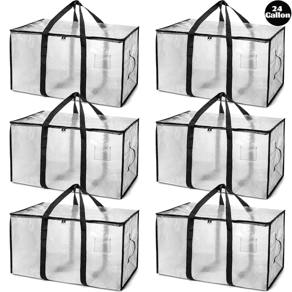 6 Pack Clear Heavy Duty Extra Large Moving Bags, Moving Supplies, Moving Boxes, College Packing Storage Boxes (with Lid Replacement) Sturdy Handle Zipper (Clear, 6 Pack)