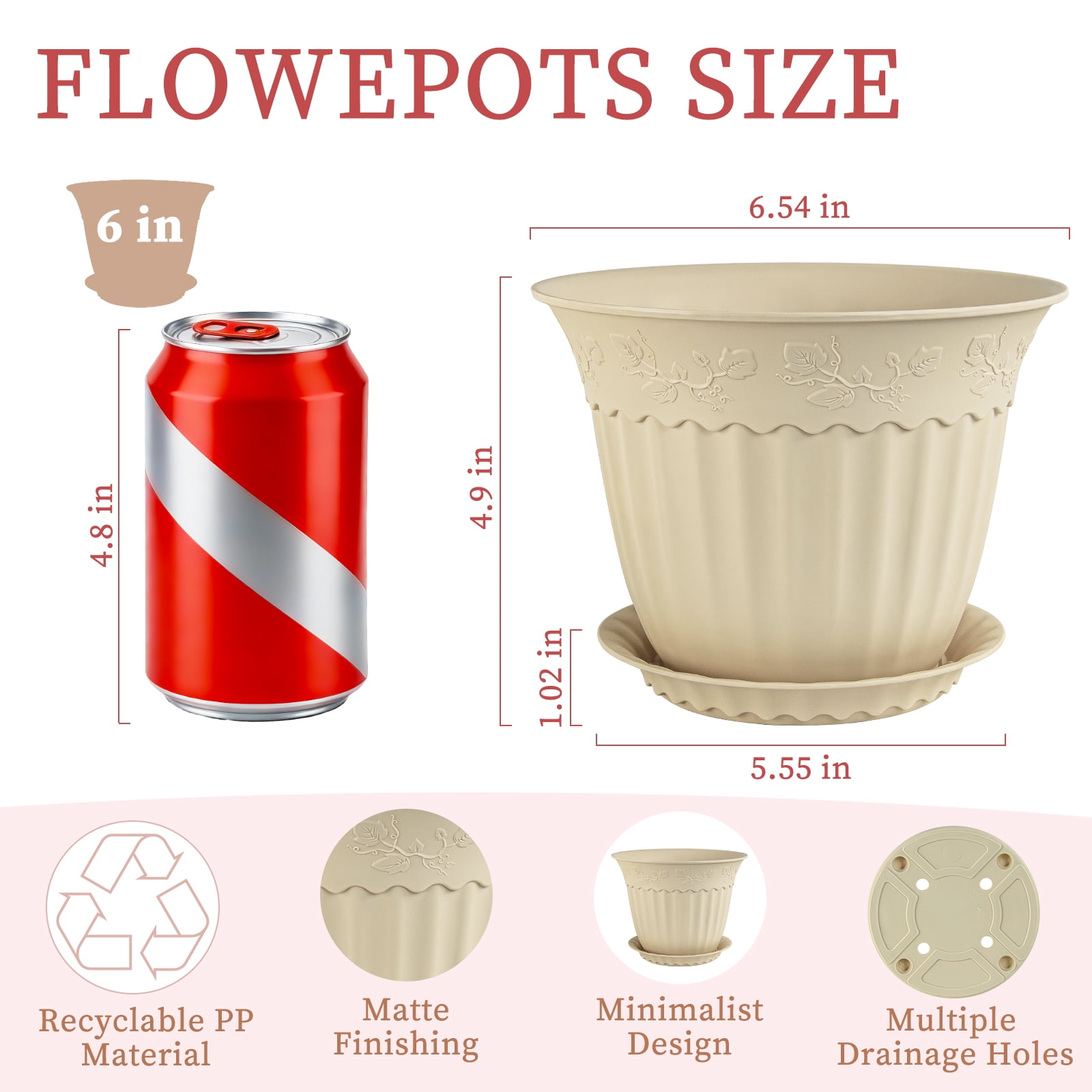 FIASON 6 Pack 6 Inch Beige Embossed Plastic Plant Pots, Vine Pattern Flower Planters with Drainage Holes and Saucers, Indoor Outdoor Decorative Plant Pots