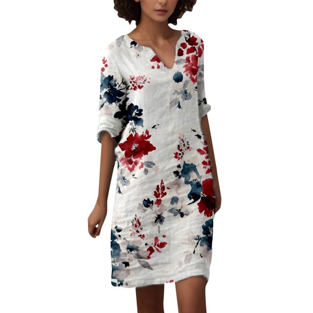 Gibobby Vestido Mujer Casual de Playa Verano Mujer Verano Casual Retro Estampado de flores Cuello en V Longitud media Vestido de manga media(Rojo,CH)