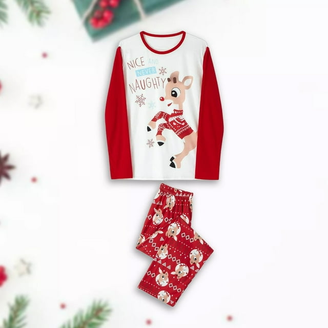 Ensemble de Pyjama Familial 2 Pcs Décontracté avec Orignal Imprimé, Haut à Manches Longues et Pantalon, Tenue Quotidienne