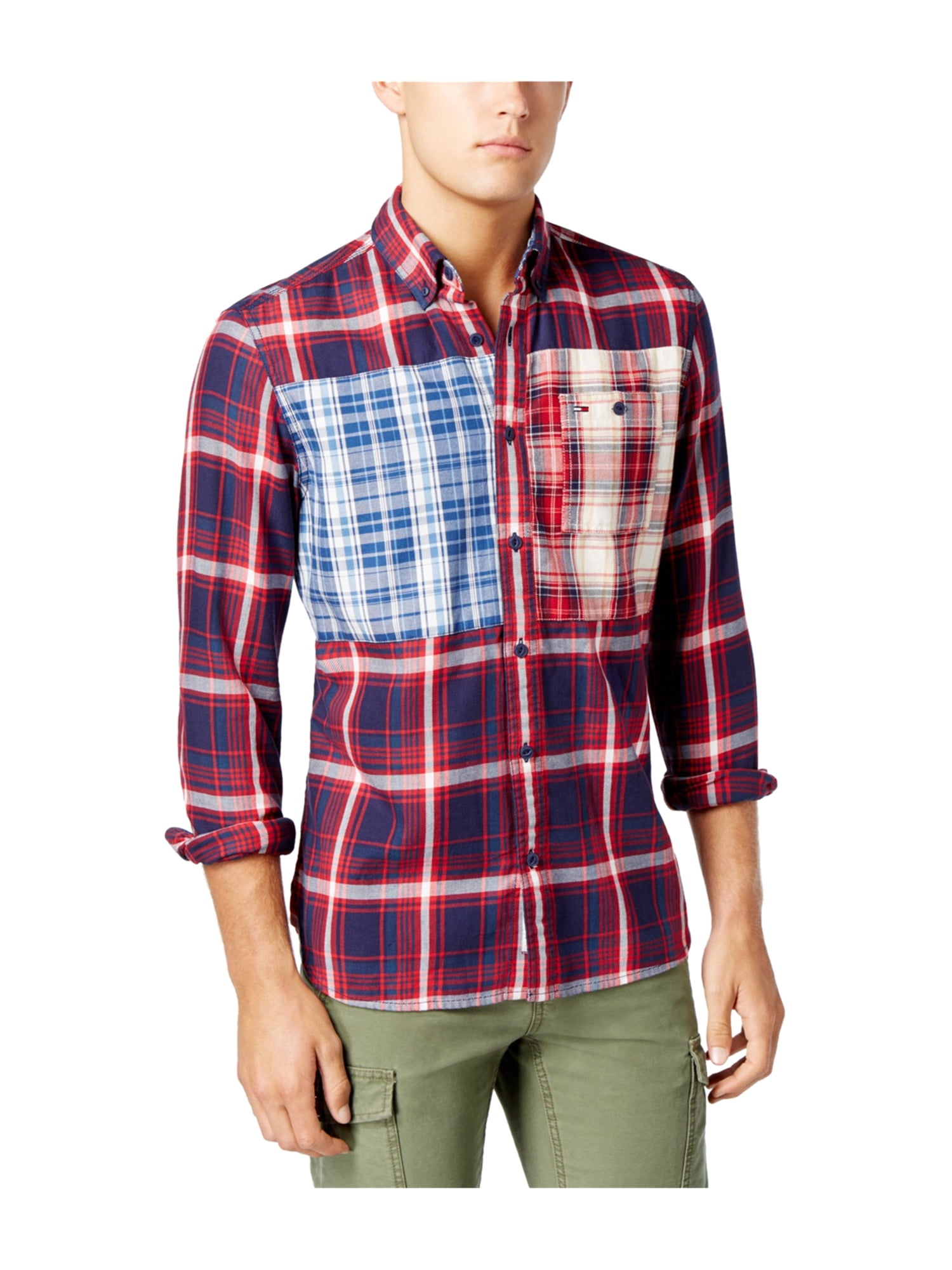 M Tommy Hilfiger Men/'s Plaid Casual Button Down Shirts Size