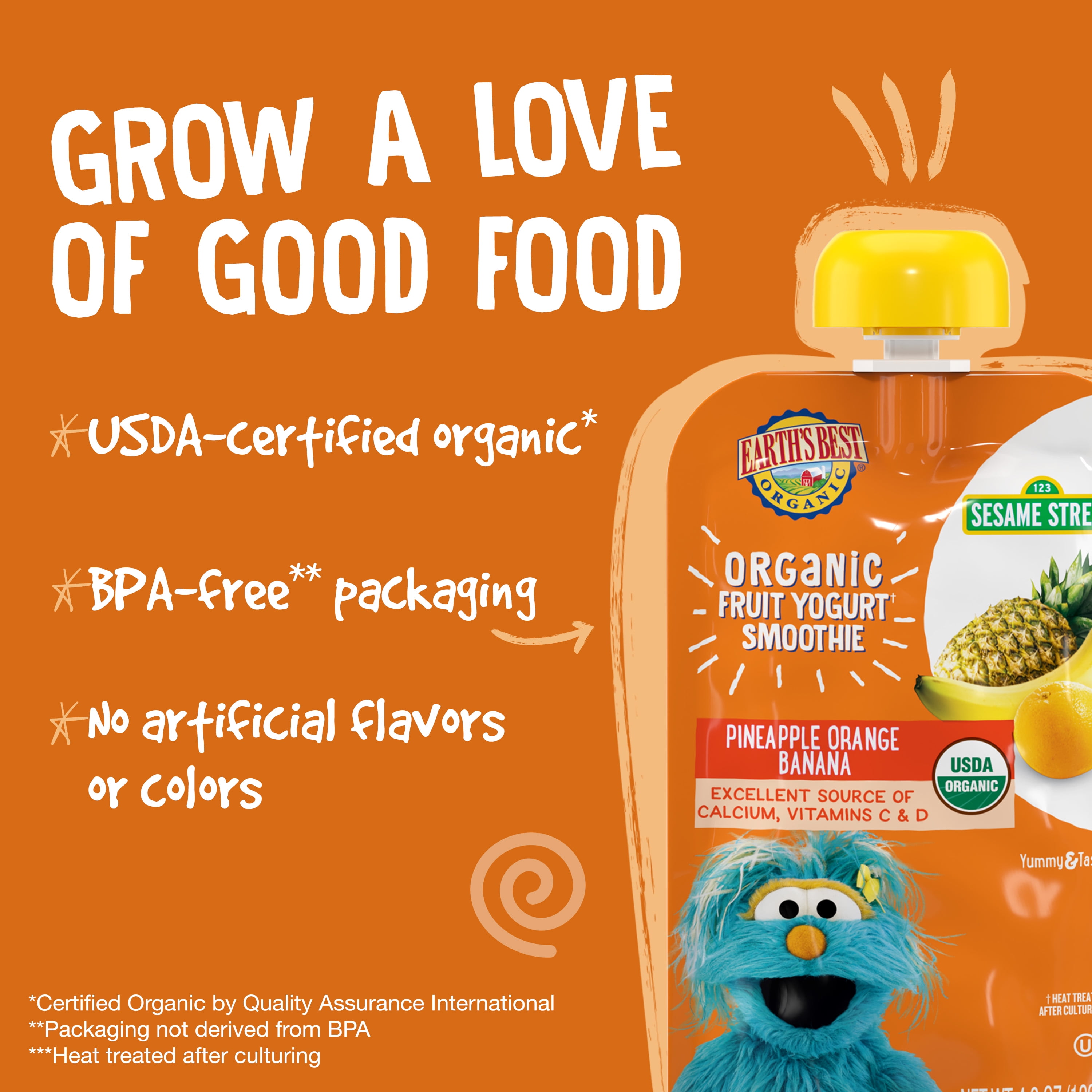 Earth's Best Organic Fruit Yogurt Smoothie Toddler Food, Pineapple Orange Banana, 4.2 oz Pouch