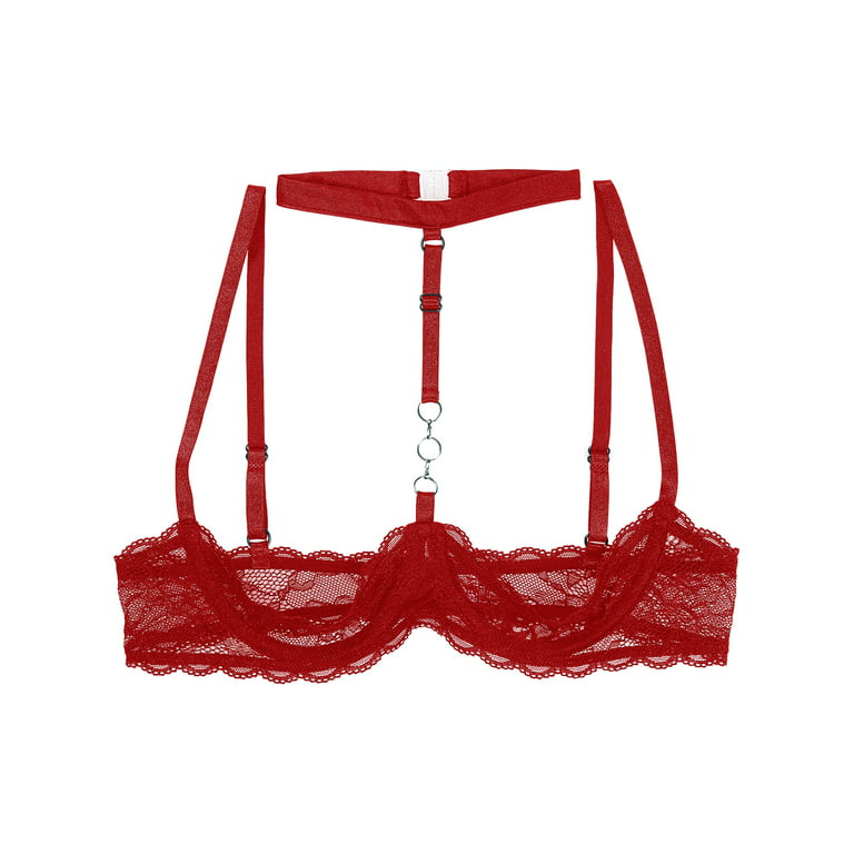 CHICTRY Womens Sheer Lace 1/4 Cups Bra Tops Open Cups Underwire Push Up  Brassiere Lingerie Red XL