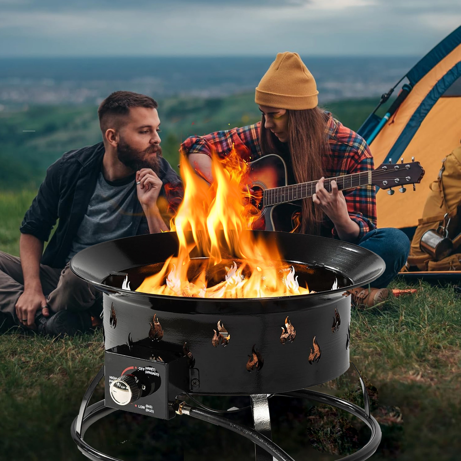 50000 BTU Portable Propane Gas Fire Pit, 19in Outdoor Smokeless Gas Fire Bowl with Adjustable Flame for Camping, Backyard, Small Round Firebowl