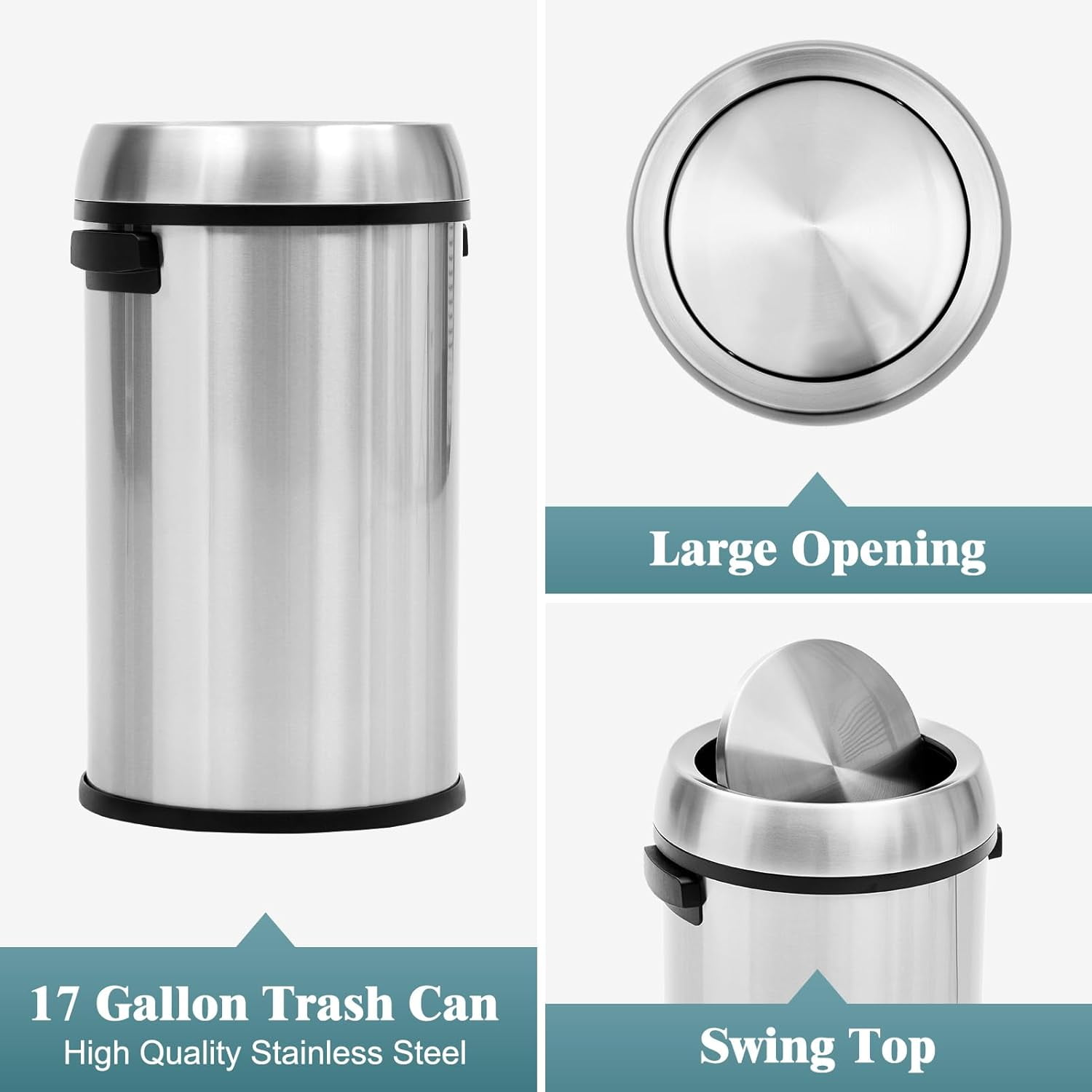 17 Gallon/65 Liter Swing Top Trash Can, Stainless Steel Round Garbage Can, Commercial Grade Waste Container, Heavy Duty Rubbish Bin for Indoor Outdoor, Home Office, Restaurant, Silver