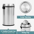 thumbnail image 3 of 17 Gallon/65 Liter Swing Top Trash Can, Stainless Steel Round Garbage Can, Commercial Grade Waste Container, Heavy Duty Rubbish Bin for Indoor Outdoor, Home Office, Restaurant, Silver, 3 of 7