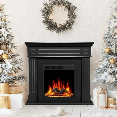 WAA 43” Freestanding TV Stand Fireplace Mantel Wooden Firebox,Remote,LED Flame,750W/1500W (Black)