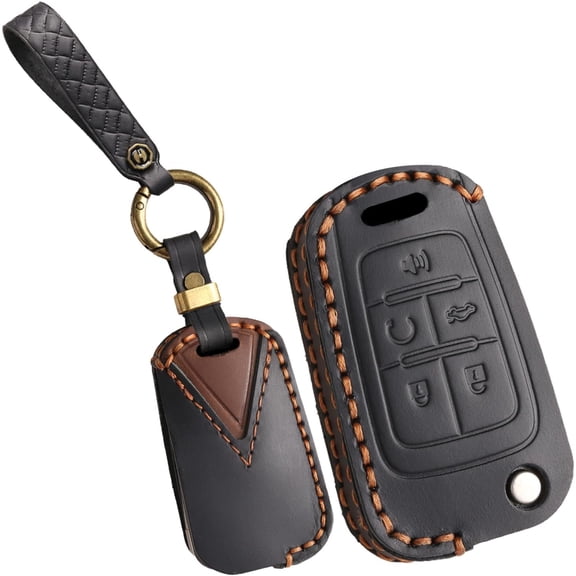 Key Fob Cover Compatible with Chevrolet Equinox Camaro Cruze Malibu Impala Spark Trax Sonic Buick Lacrosse Encore Verano Regal Terrain Acadia Cowhide 5 Button Keychain Case Holder Protector,Black