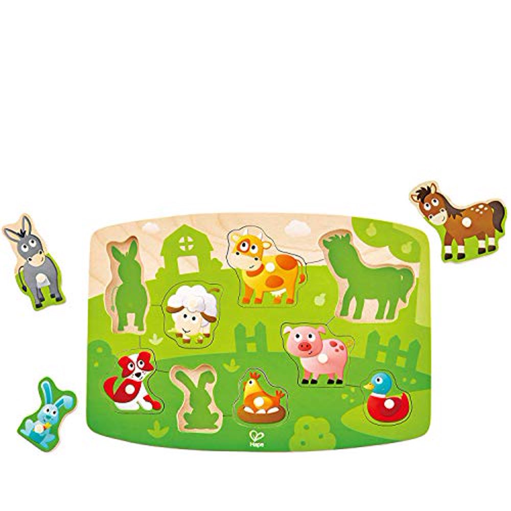 Hape Farmyard Peg Puzzle 10 Piece Wooden Animal Peg Jigsaw Puzzle Game, Learning Toy for