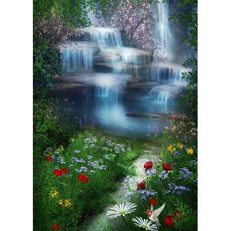 ABPHOTO 5x7ft Photography Backdrop Fairytale Waterfall with Green Medow and Flowers Backdrops for Photo Shoots Lovers Party Game Adult Kids Baby