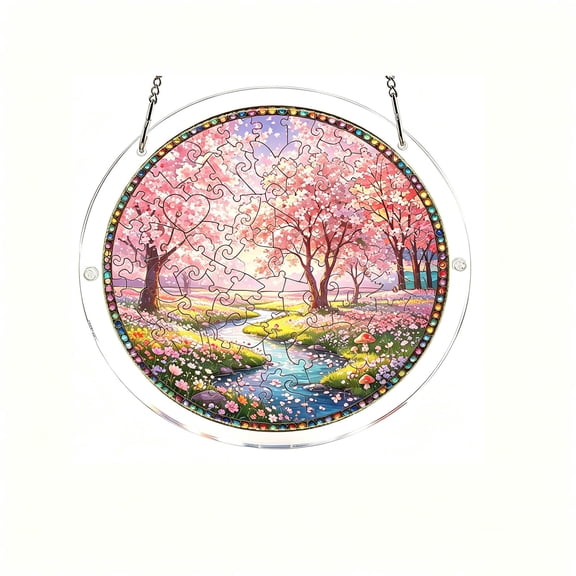huayou Round Acrylic Puzzle Suncatcher, Spring Cherry Blossom Stream Wildflower Mushroom Window Hanging Ornament, Pastoral Fantasy Light Catcher Home Balcony Wall Decoration