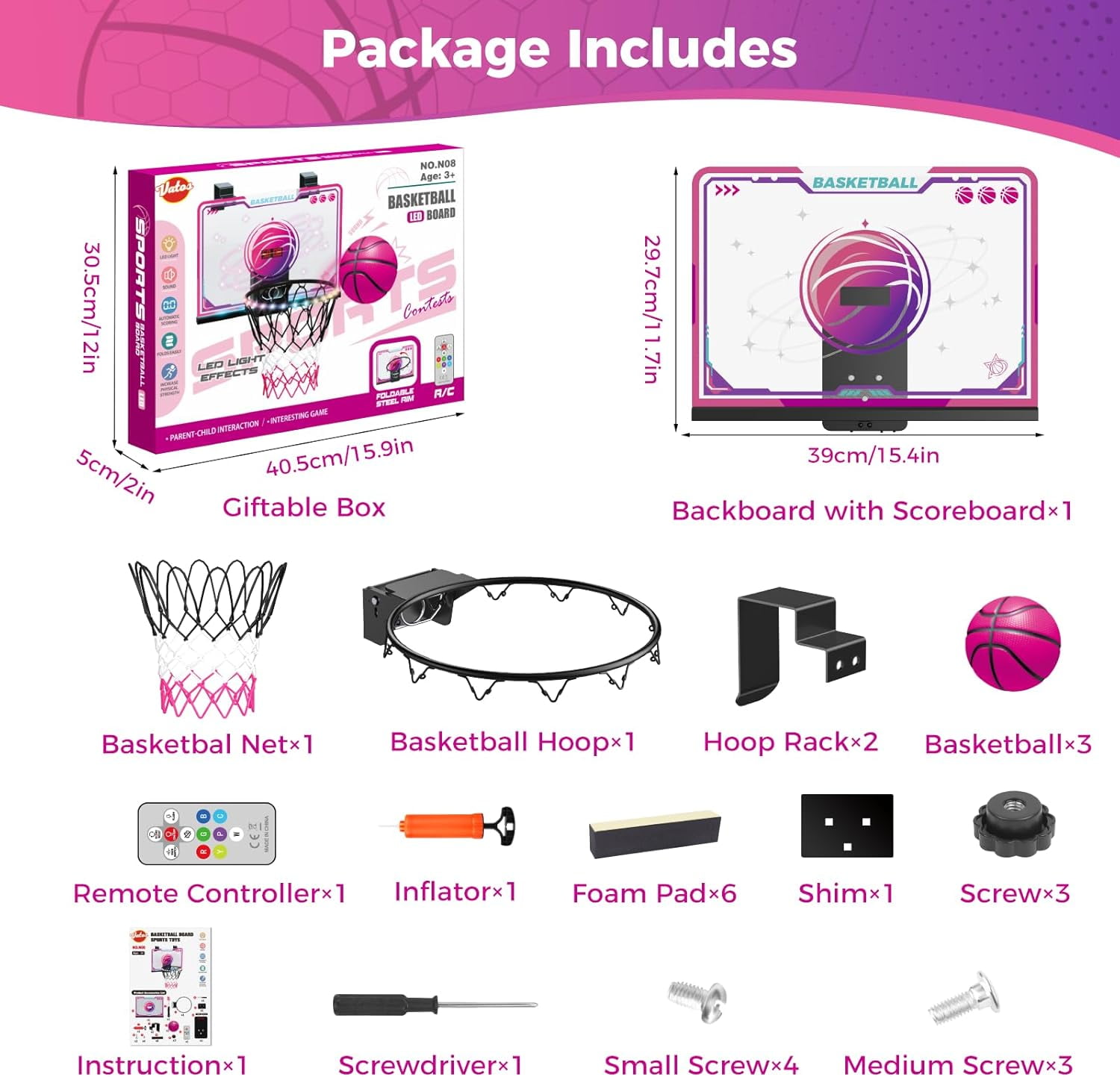 TERRAMUS LED Basketball Hoop,Indoor Basketball Set with 7 Color Lights, Glowing Rim, Scoreboard, Remote Controller, and Sports Toy for Girls Boys Ages 5-12+