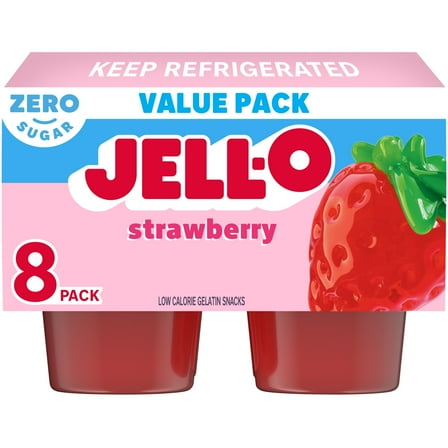 Jell-O Strawberry Artificially Flavored Zero Sugar Ready-to-Eat Gelatin Snack Cups Family Size Pack, 8 ct Cups