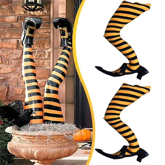 YAZHPA Halloween Witch Legs Yard Stake Decoration, 1 Pack 3D Witch Leg for Wreath Stuffed Witch Legs with Shoes Sticking out of Window Door Trunk Outdoor Novelty Hanging Trunk Yard Decor Yellow