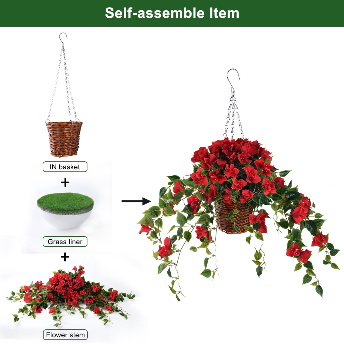 Artificial Flowers Hanging Basket with Bougainvillea Silk Vine Flowers for Patio Lawn Garden Decor,Fake Flower Centerpieces, Artificial Hanging Plant in Ivy Basket for Outdoor/Indoor (Red)