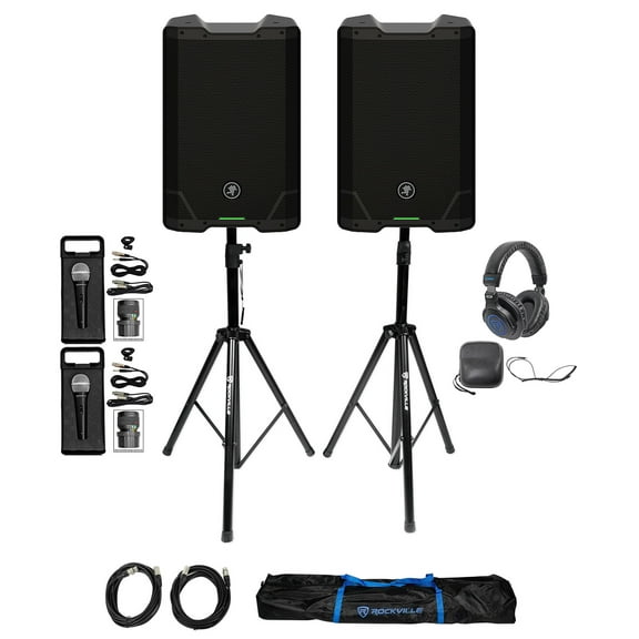 (2) Mackie SRT210 10” Powered DJ PA Speakers w/Bluetooth Stands Headphones Mics