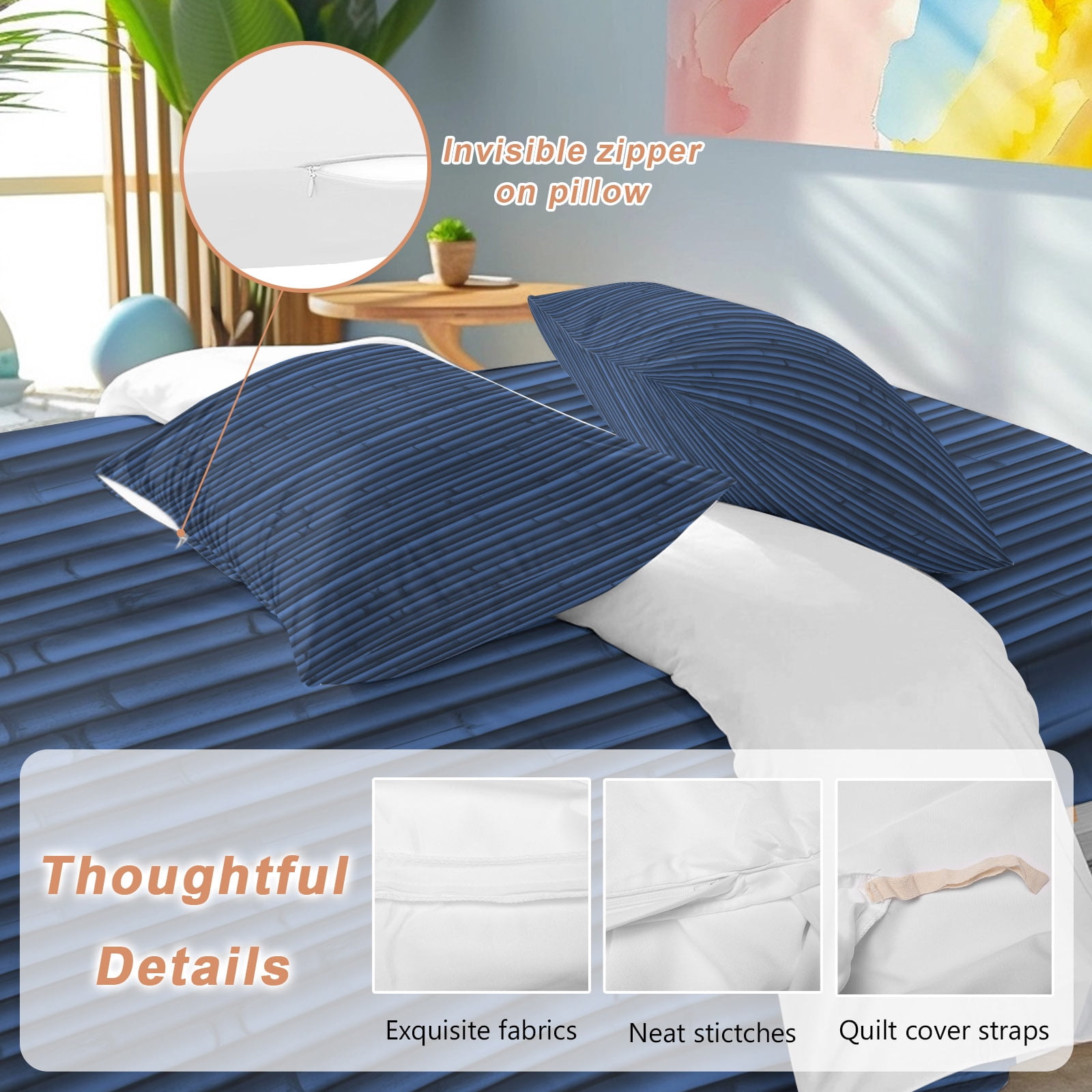 Blue Bamboos Queen Duvet Cover Set, Natural Vintage Bamboos Tree Plant Image 4 Piece Microfiber Bedding Set with Zipper Closure, Bed Sheet and 2 Pillow Shams, Soft Bedding Cover