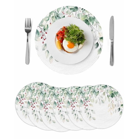 Summer Eucalyptus Leaves Round 13 Inch Placemats Set of 6 Spring Botanical Farmhouse HeatResistant Non Slip Place Mats for Dining Table Wipeable Braided Kitchen Table Mats for Housewarming