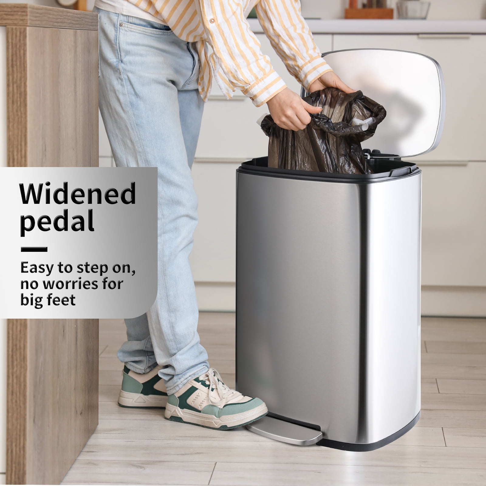 TLSUNNY 13.2 + 1.3 Gallon Kitchen Trash Can Combo, Stainless Steel Step Trash Can Set with Soft-Close Lid & Inner Bucket, for Home / Office