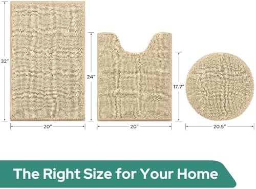 3 Pieces Beige Bathroom Rugs Set, Ultra Soft Non Slip Bath Rug and Absorbent Chenille Bath Mat, Includes U-Shaped Contour Rug, Bath Mat and Toilet Lid Cover, Perfect for Bathroom, Tub