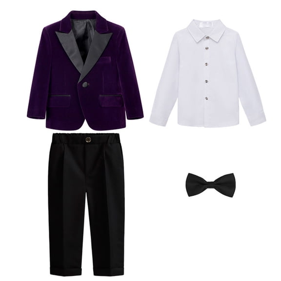 SNKSDGM Velvet Boys Tuxedo Suit, Satin Shawl Lapel Outfit for Indoor Warm Tone Family Christmas Commemorative Photography Purple 4-5 Years