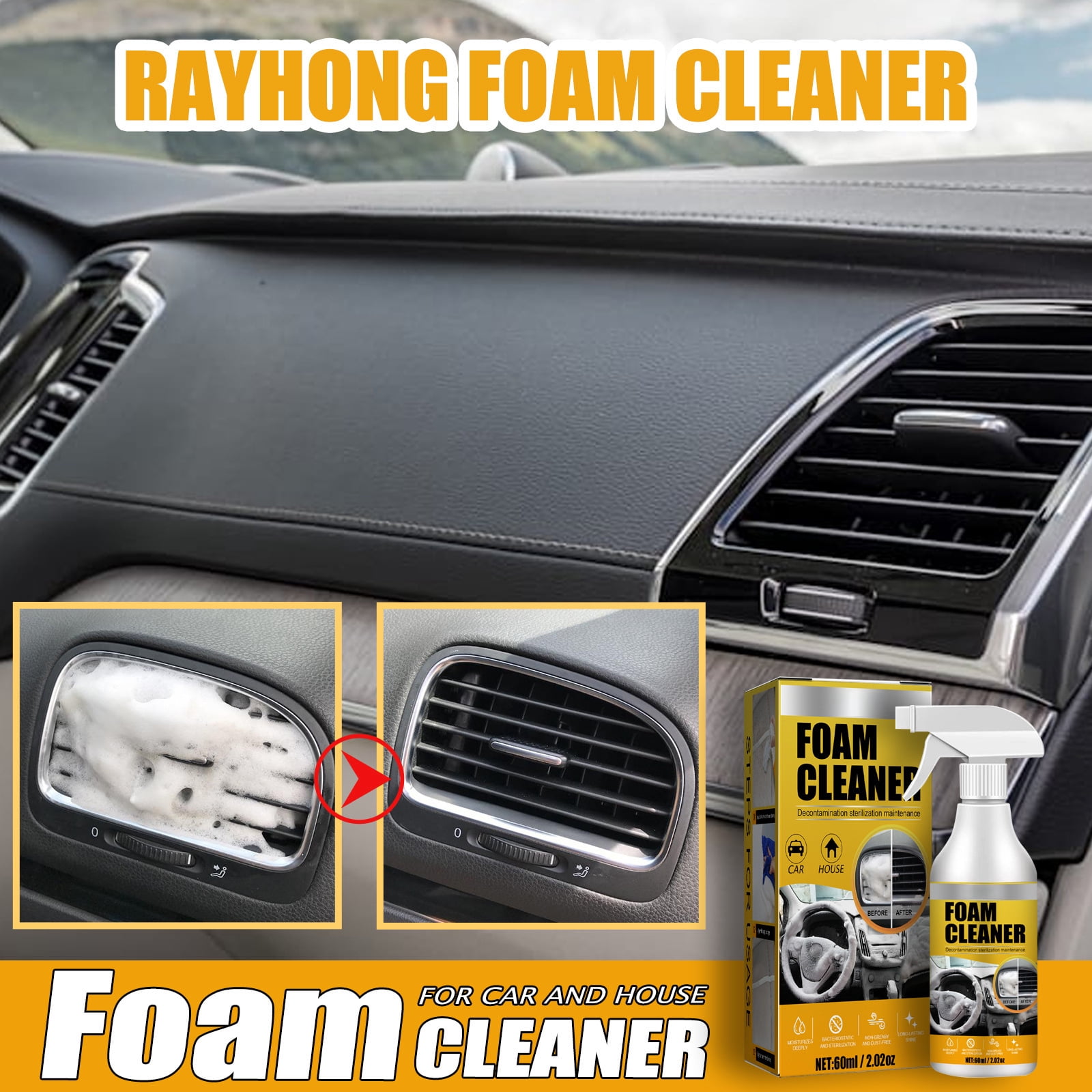 Alvantor Car Interior Foam Cleaner, Wash-Free Fresh Scent, Safe for Leather & Plastic, 2.02oz