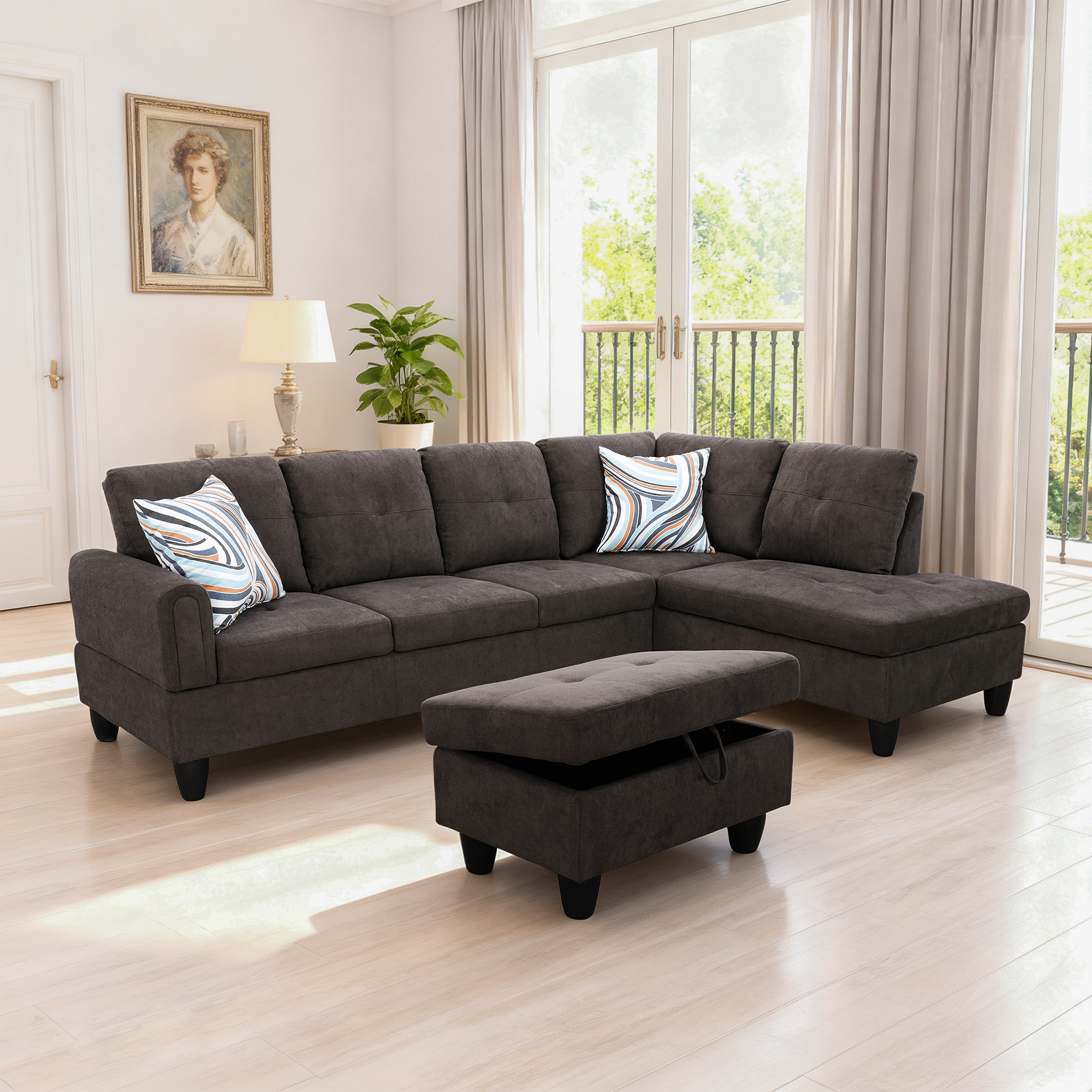 MAYEERTY 97" Modern 3-Piece Fluffy Fabric Couch Living Room Sofa Set，Dark Brown