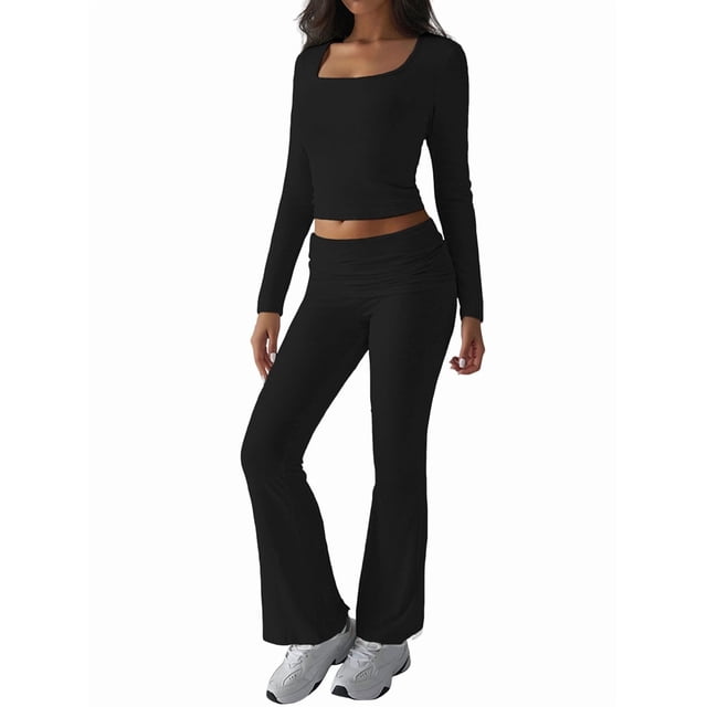 Conjuntos de Salón para Mujer, Conjuntos Casuales Y2K de 2 Piezas, Tops Cortos de Corta, Pantalones Acampanados con Pliegues y Chándales. Negro M