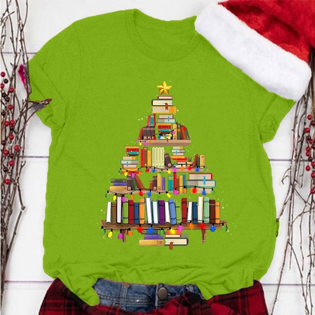MPWEGNP Hauts de Noël pour Femmes Arbre Col Rond T-Shirt Imprimé Manches Courtes Vert Menthe 3TG