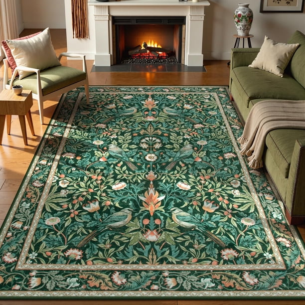 Alfombra de Área Morebes Lavable 200x250 cm Verde Oscuro con Pájaros y Flores