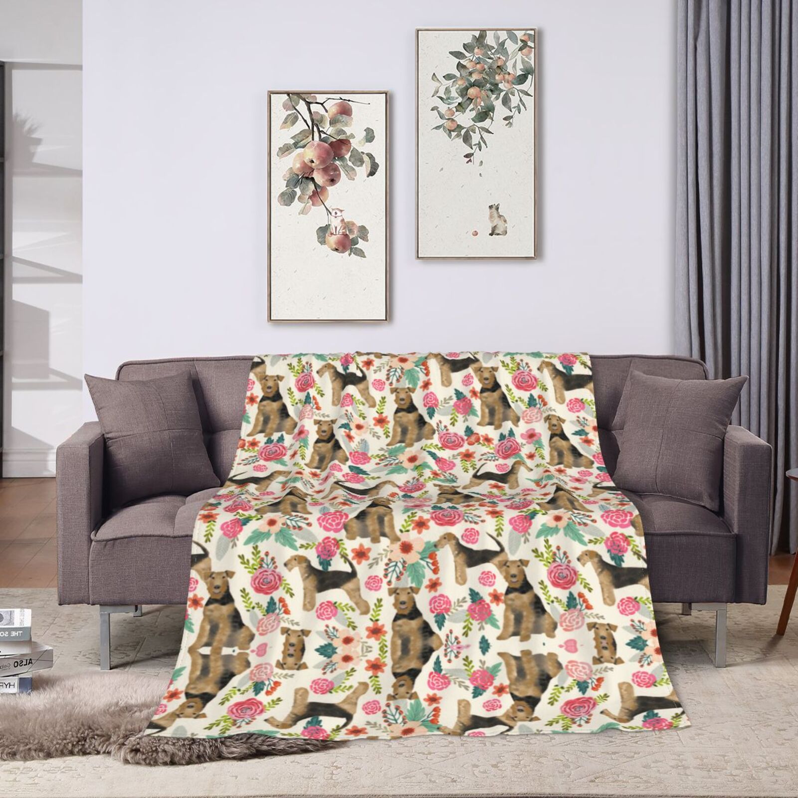 Wijzvio Terrier Dogs Lovers Flower Floral Throw Blanket Soft Fuzzy Fleece Blanket For Couch Bed Living Room Decoration 50"X40"