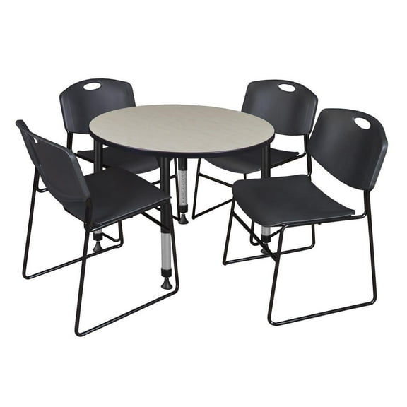 Regency Kee 36" Round Height Adjustable Classroom Table - Maple & 4 Zeng Stack Chairs- Black