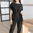 thumbnail image 4 of Scyoekwg Women's 2 Piece Outfits Elegant Bandage Solid Color Casual Short Sleevele Round-Neck Blouses Tops Long Pant Sets (Black,S), 4 of 7