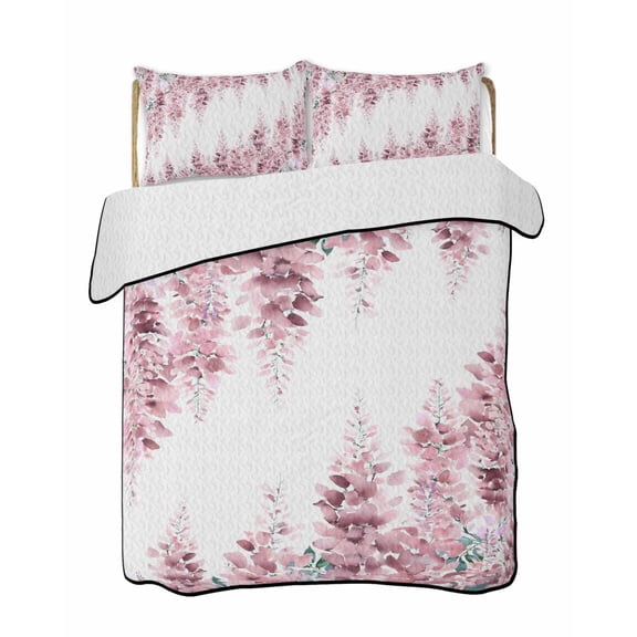 Quilts Queen Size Bedding Set, Pink Wisteria Lightweight Quilted Comforter, Sprinng Summer Pastoral Flowers Botanical Soft Reversible Bedspread Coverlet with Pillow Covers for All Season, 90" x 96"