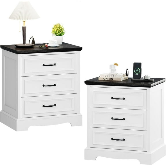 21.7W Farmhouse Nightstand Set of 2 with Charging Station,White End Table with 3 Drawers Storage,Wood Night Stand Side Table,Modern Bedside Cabinet for Bedroom Living Room,Dresser for Small Place (2)