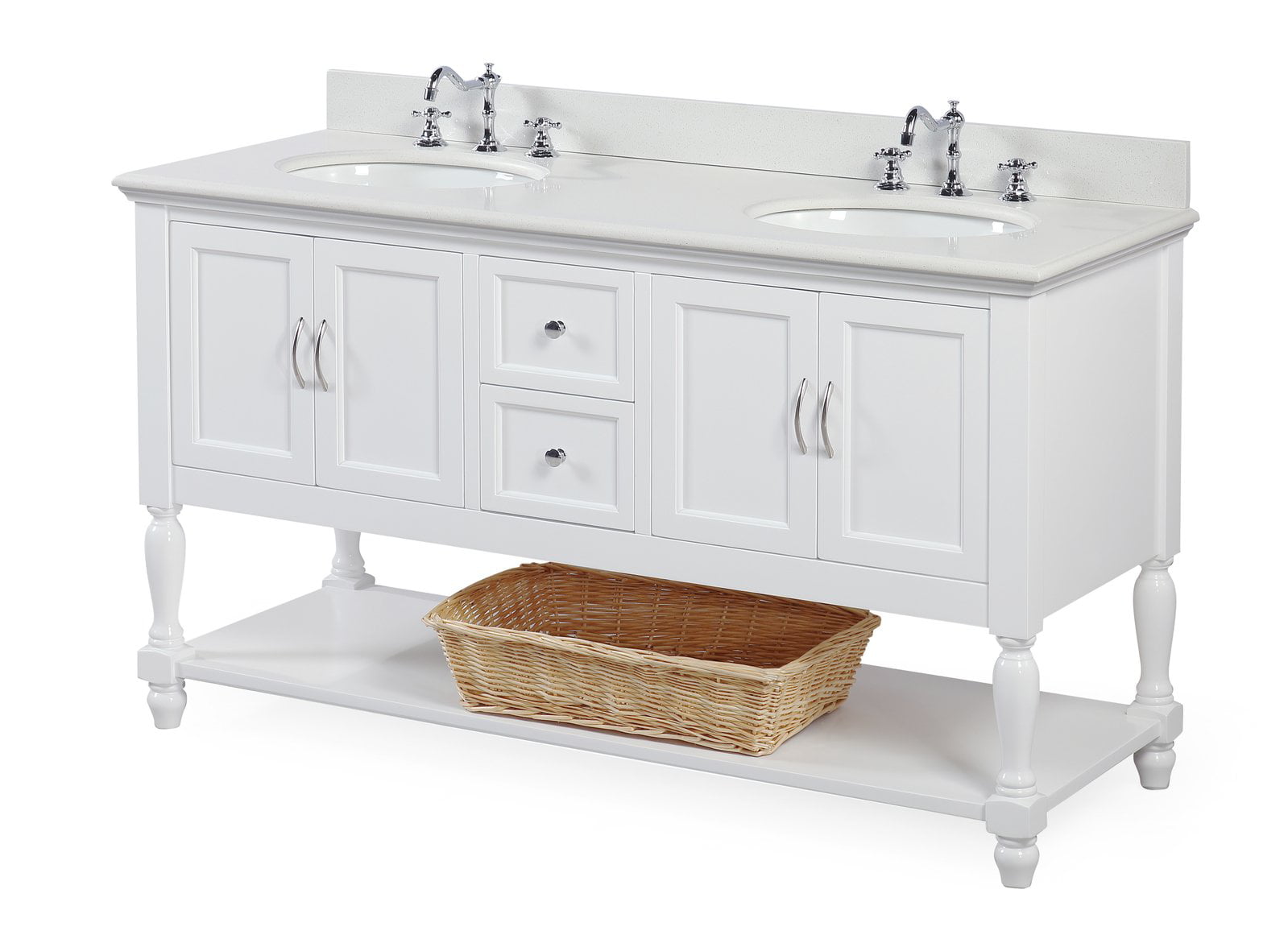 White Quartz Countertop Beverly 60-inch Single Sink Bathroom Vanity and White Ceramic Sink : Includes a White Cabinet with Soft Close Drawers Quartz/White