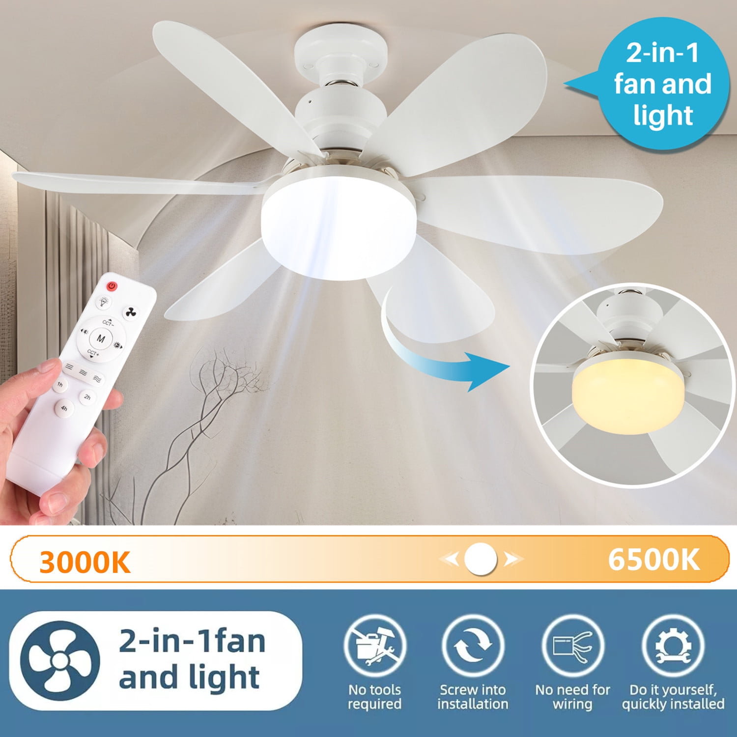 Socket Fan Light 2 in 1 Ceiling Fans with Lights and Remote Control, 20.5 Inch E26 Base Small Ceiling Fan Lamp for Bedroom, Kitchen, Living Room, 3 Light Modes, 3000K-6500K